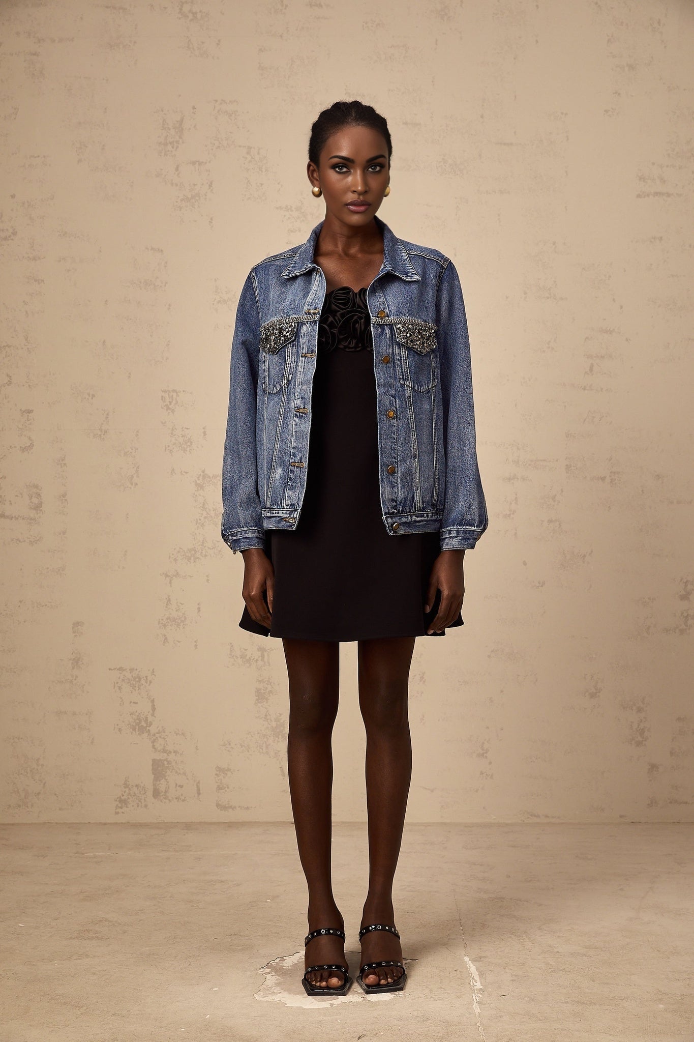 Amelia Denim Jacket - Notched lapels - Rhinestone embellishment - Buttoned cuffs - Front button fastening