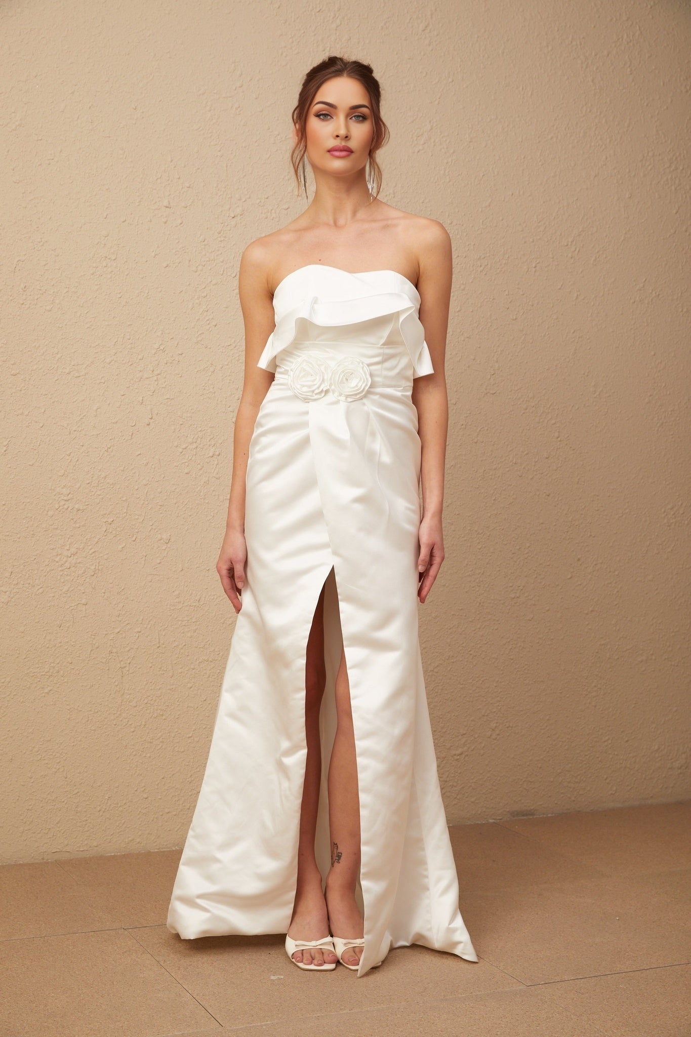 Amelia Maxi Dress - Off - the - Shoulder Design - High Slit - Floral Appliqué - Ruffle Detailing