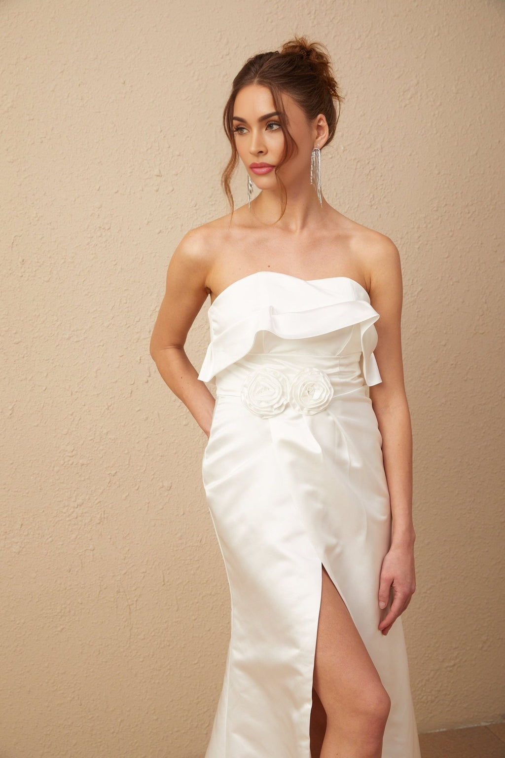 Amelia Maxi Dress - Off - the - Shoulder Design - High Slit - Floral Appliqué - Ruffle Detailing