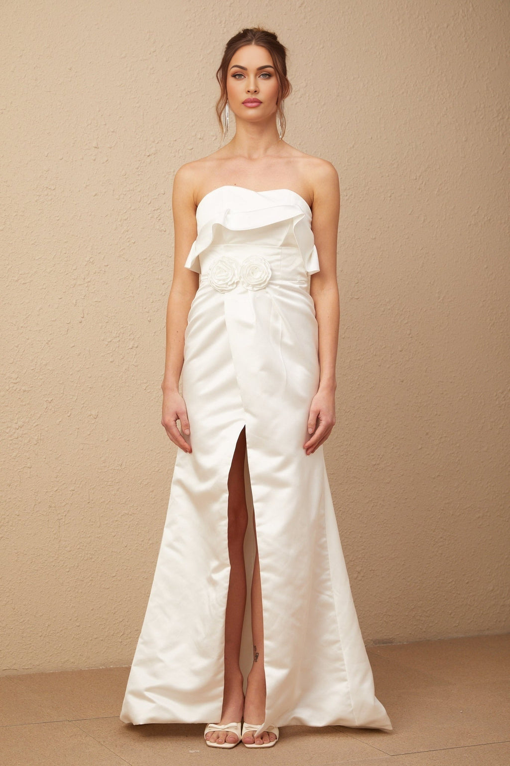 Amelia Maxi Dress - Off - the - Shoulder Design - High Slit - Floral Appliqué - Ruffle Detailing