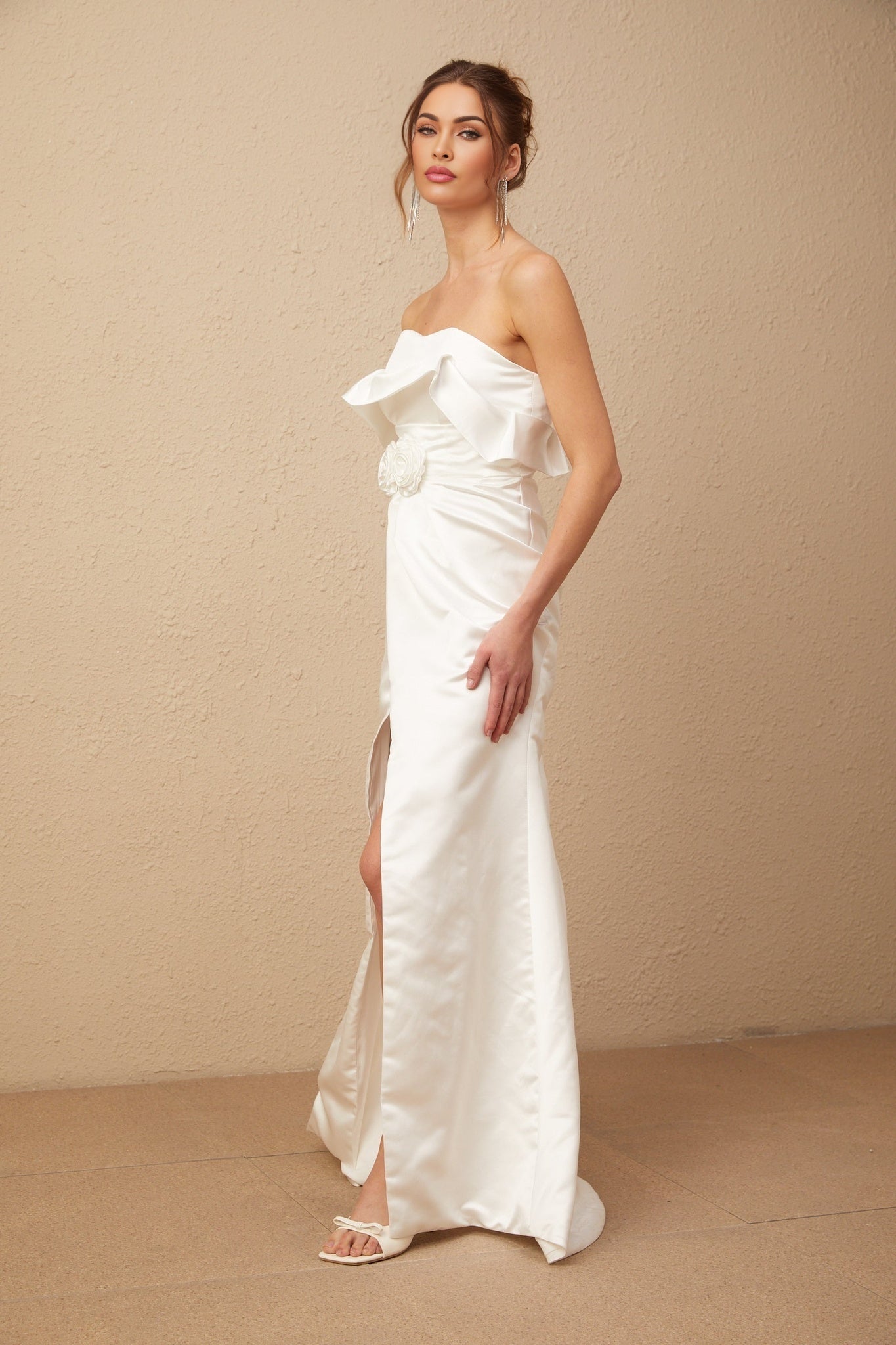 Amelia Maxi Dress - Off - the - Shoulder Design - High Slit - Floral Appliqué - Ruffle Detailing