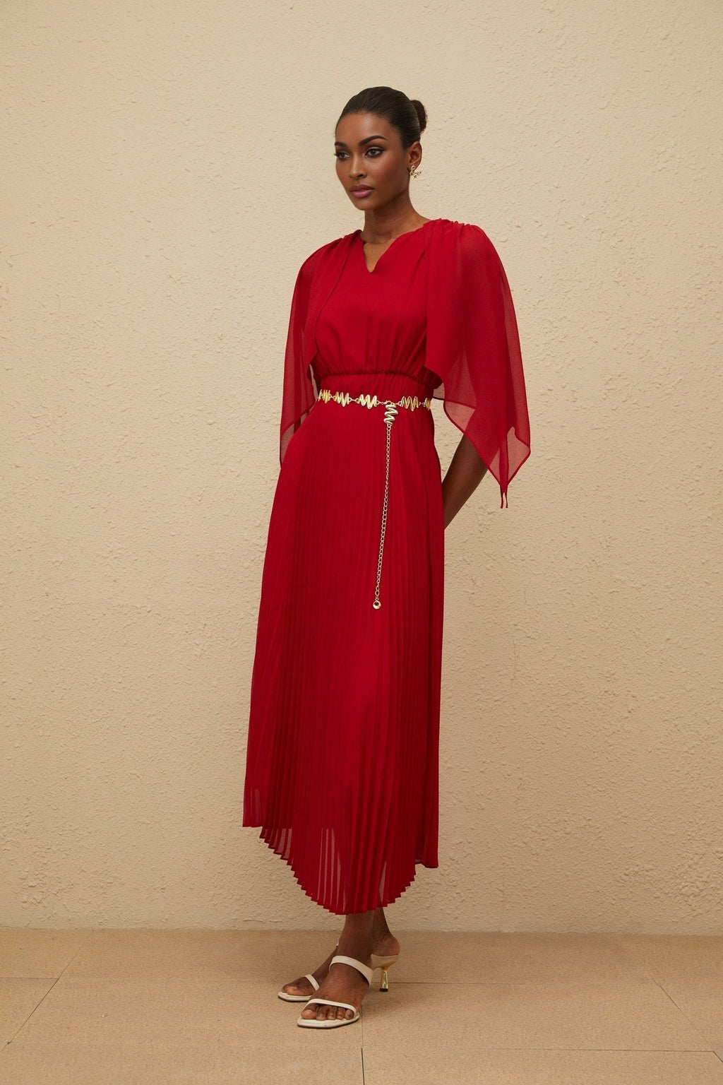 Amelia Maxi Dress - Pleated Skirt - Cape Design - V - neck - Chain - link Detailing