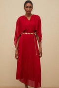 Amelia Maxi Dress - Pleated Skirt - Cape Design - V - neck - Chain - link Detailing