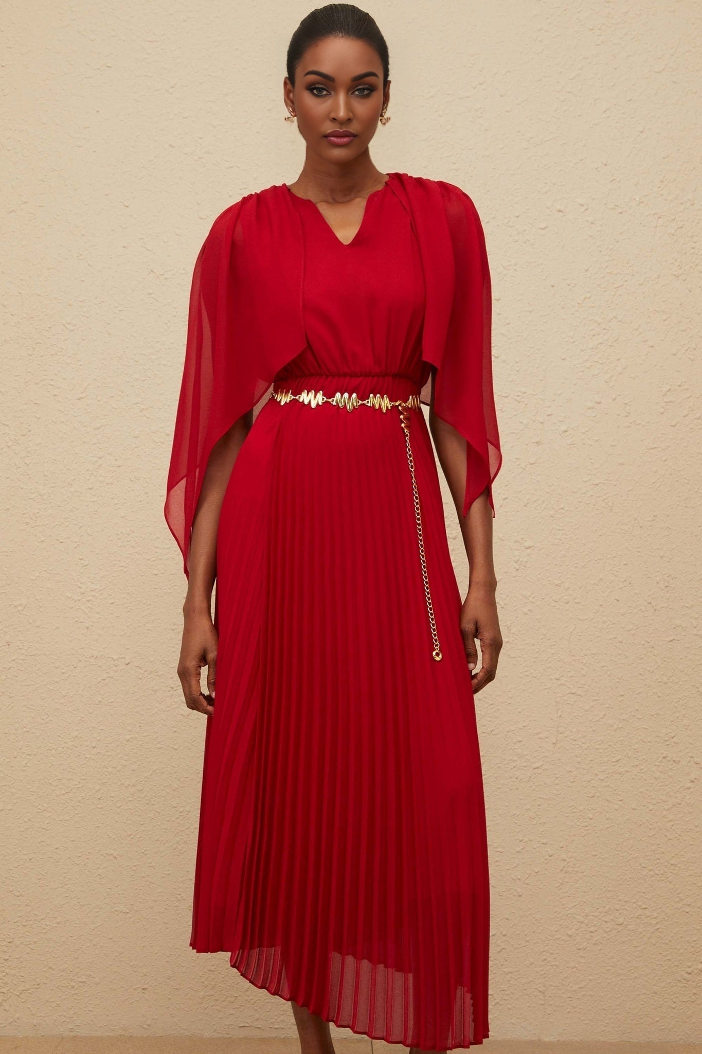 Amelia Maxi Dress - Pleated Skirt - Cape Design - V - neck - Chain - link Detailing