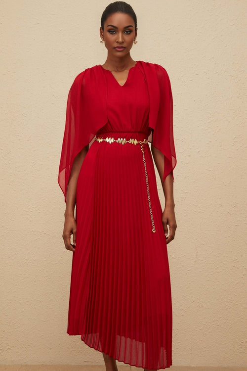Amelia Maxi Dress - Pleated Skirt - Cape Design - V - neck - Chain - link Detailing