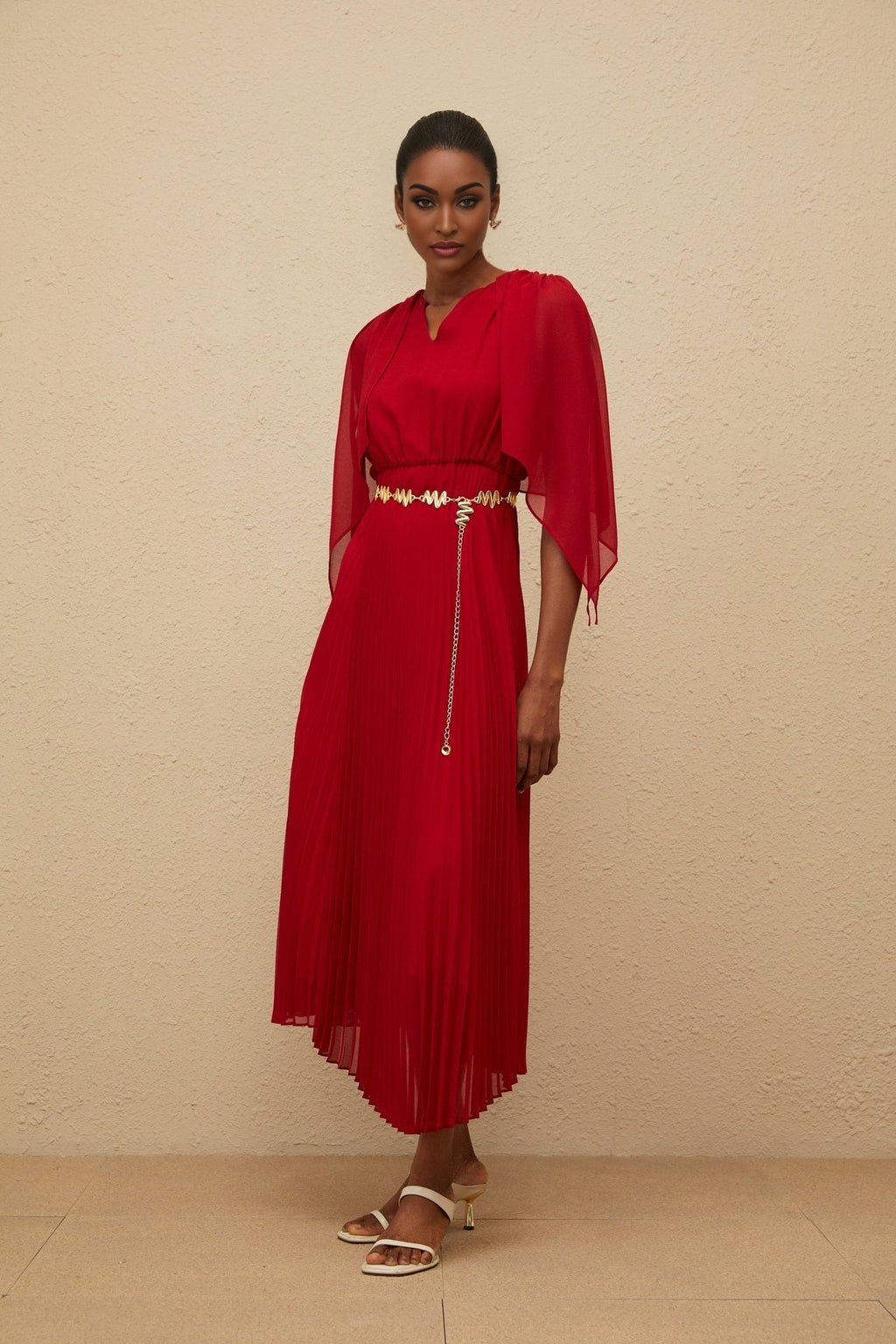 Amelia Maxi Dress - Pleated Skirt - Cape Design - V - neck - Chain - link Detailing