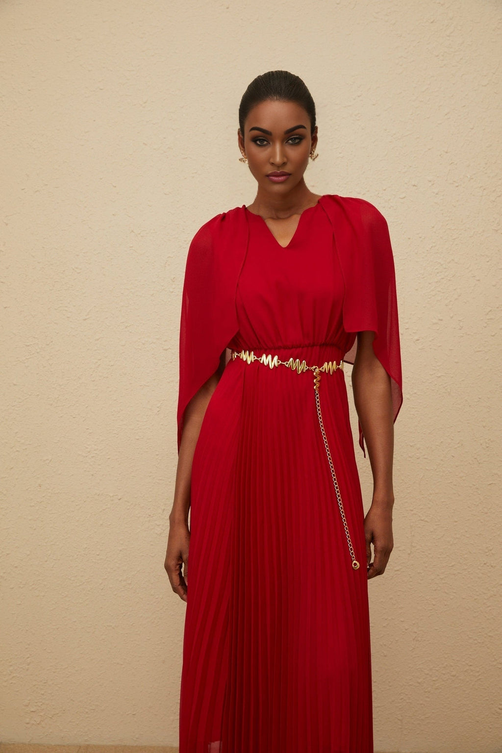 Amelia Maxi Dress - Pleated Skirt - Cape Design - V - neck - Chain - link Detailing