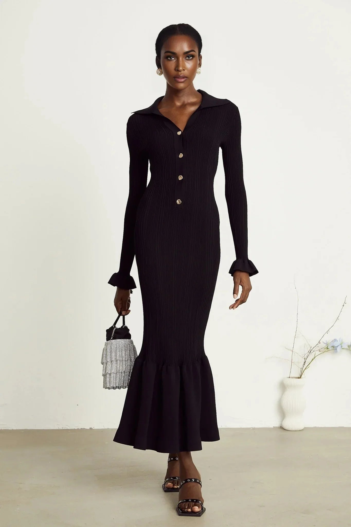 Amelia Midi Dress - Spread Collar - Long Sleeves - Ribbed Knit - Ruffle Details