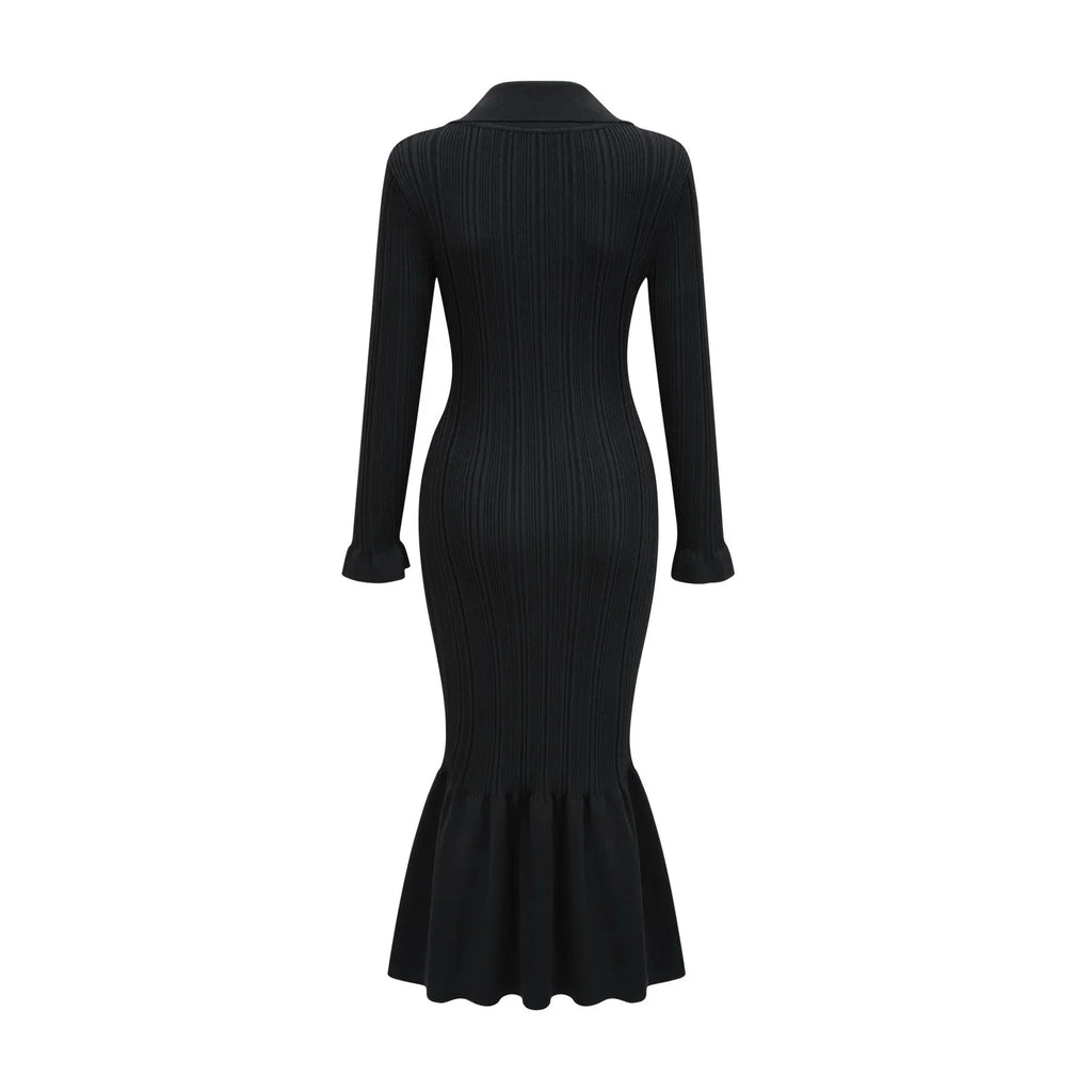 Amelia Midi Dress - Spread Collar - Long Sleeves - Ribbed Knit - Ruffle Details
