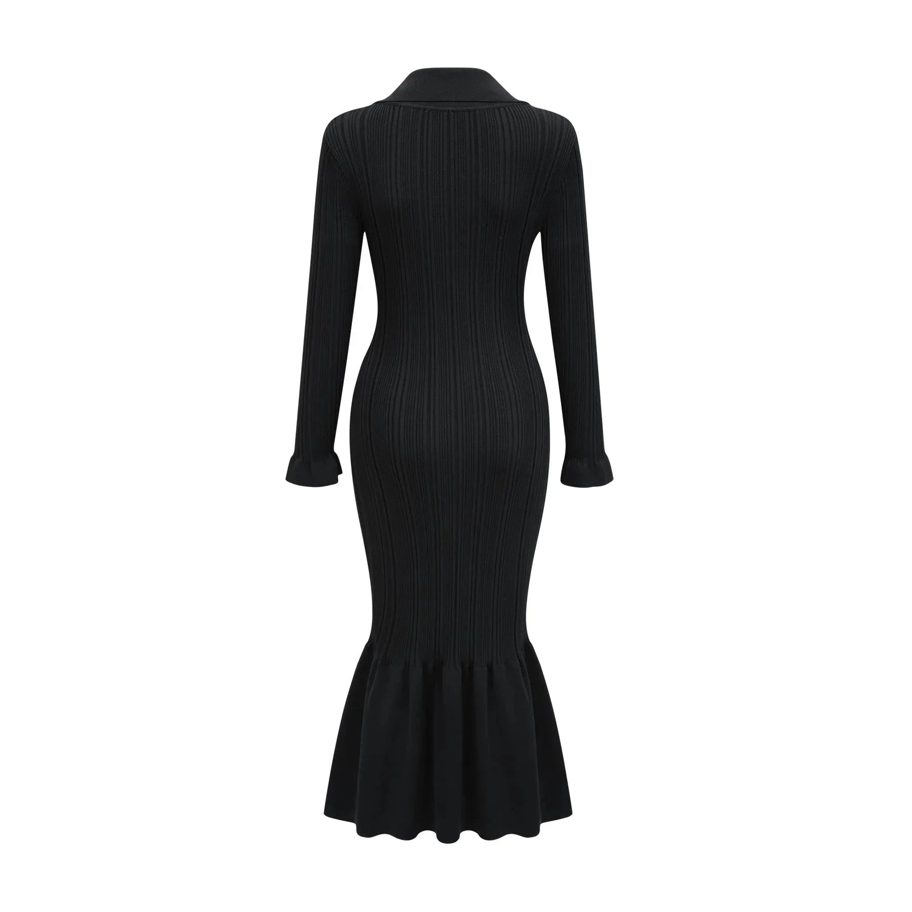 Amelia Midi Dress - Spread Collar - Long Sleeves - Ribbed Knit - Ruffle Details