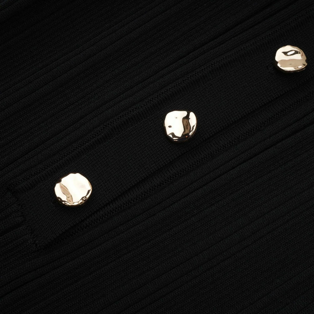 Amelia Midi Dress - Spread Collar - Long Sleeves - Ribbed Knit - Ruffle Details