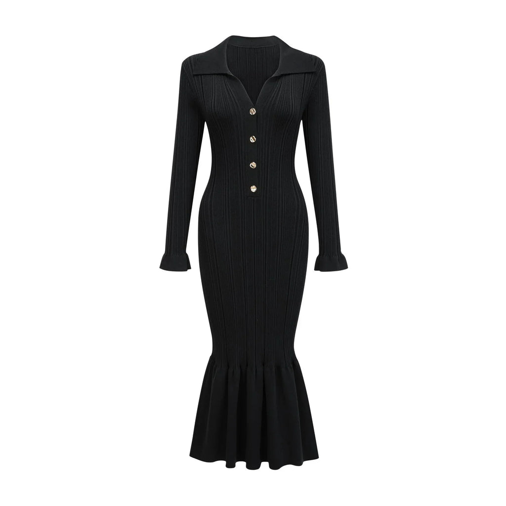 Amelia Midi Dress - Spread Collar - Long Sleeves - Ribbed Knit - Ruffle Details