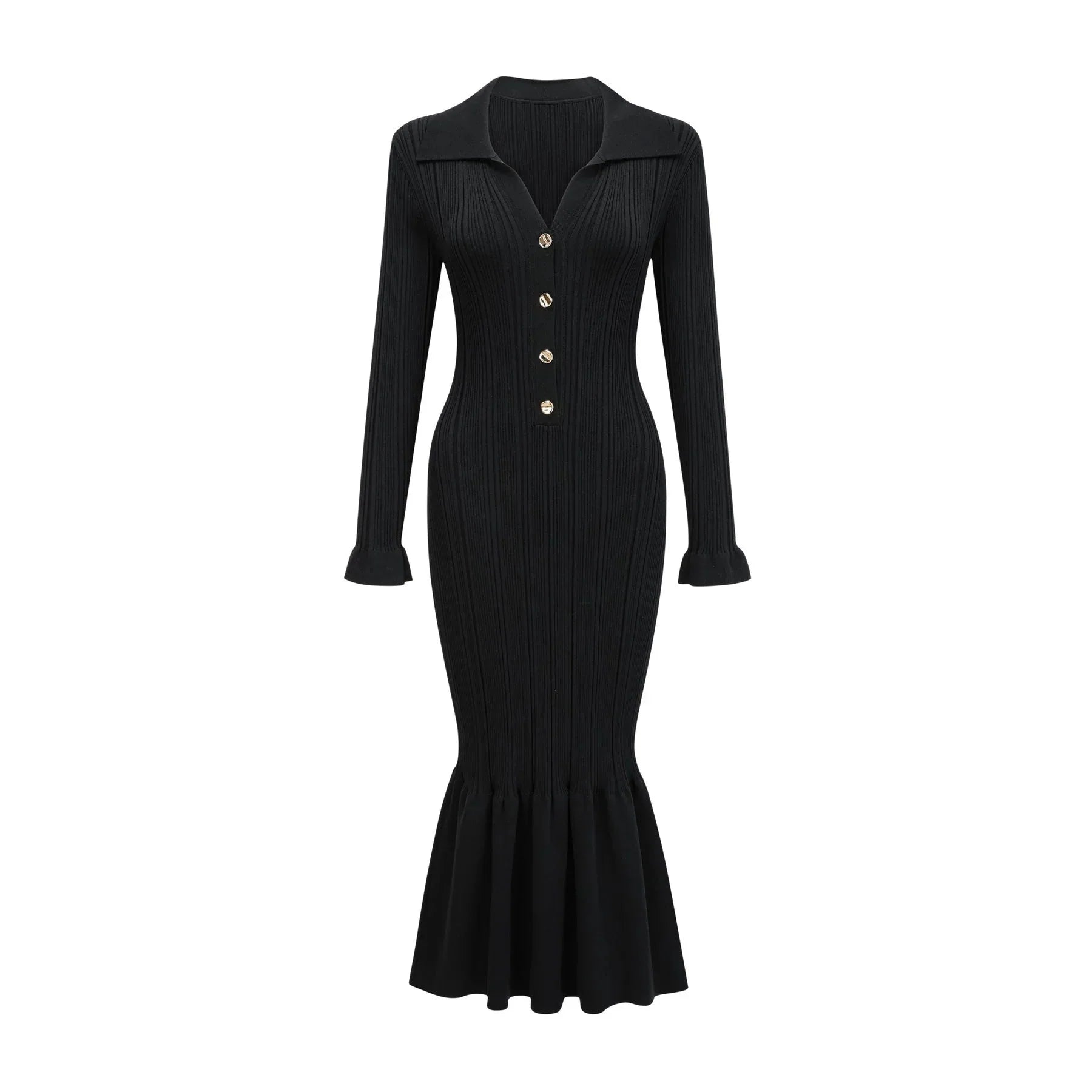 Amelia Midi Dress - Spread Collar - Long Sleeves - Ribbed Knit - Ruffle Details