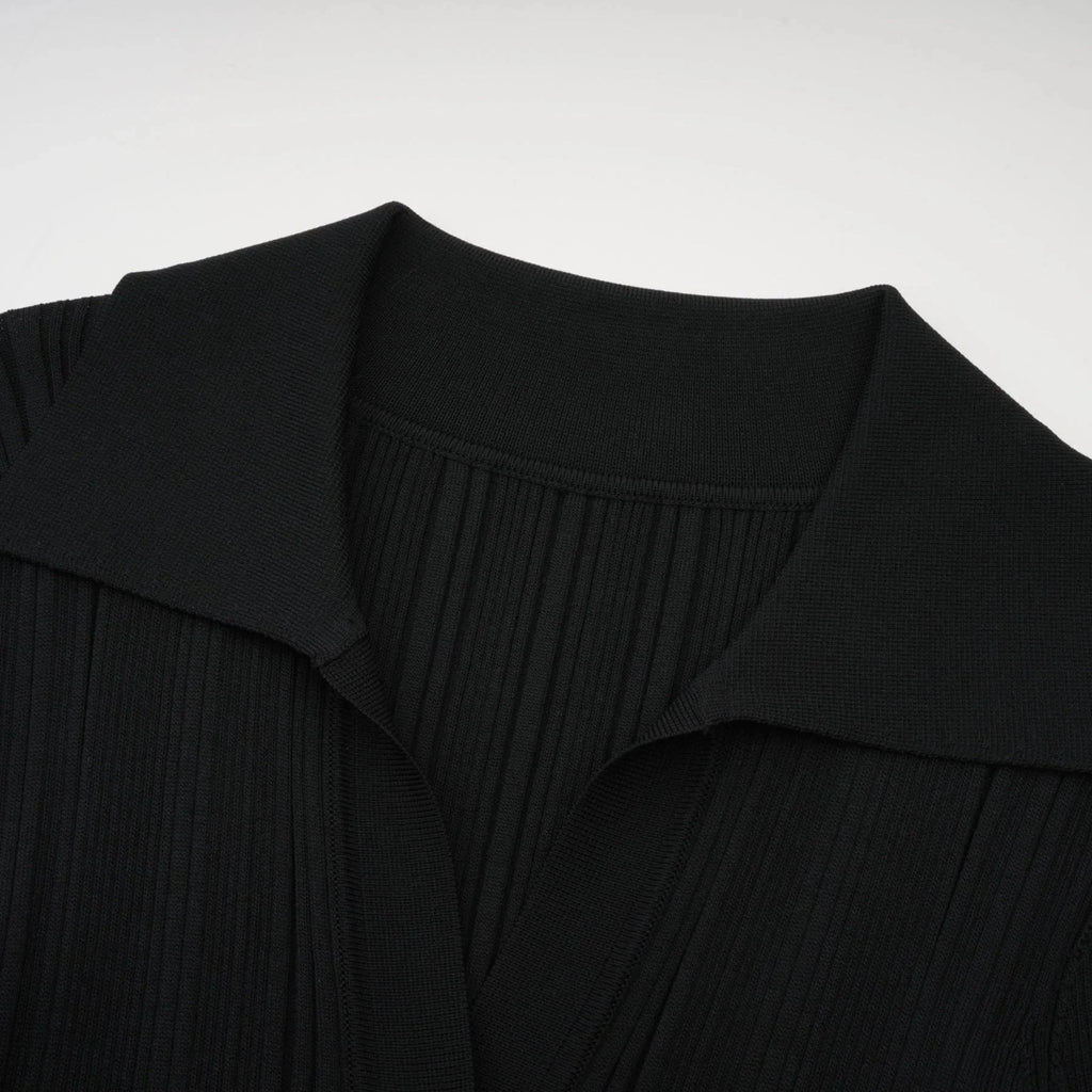 Amelia Midi Dress - Spread Collar - Long Sleeves - Ribbed Knit - Ruffle Details