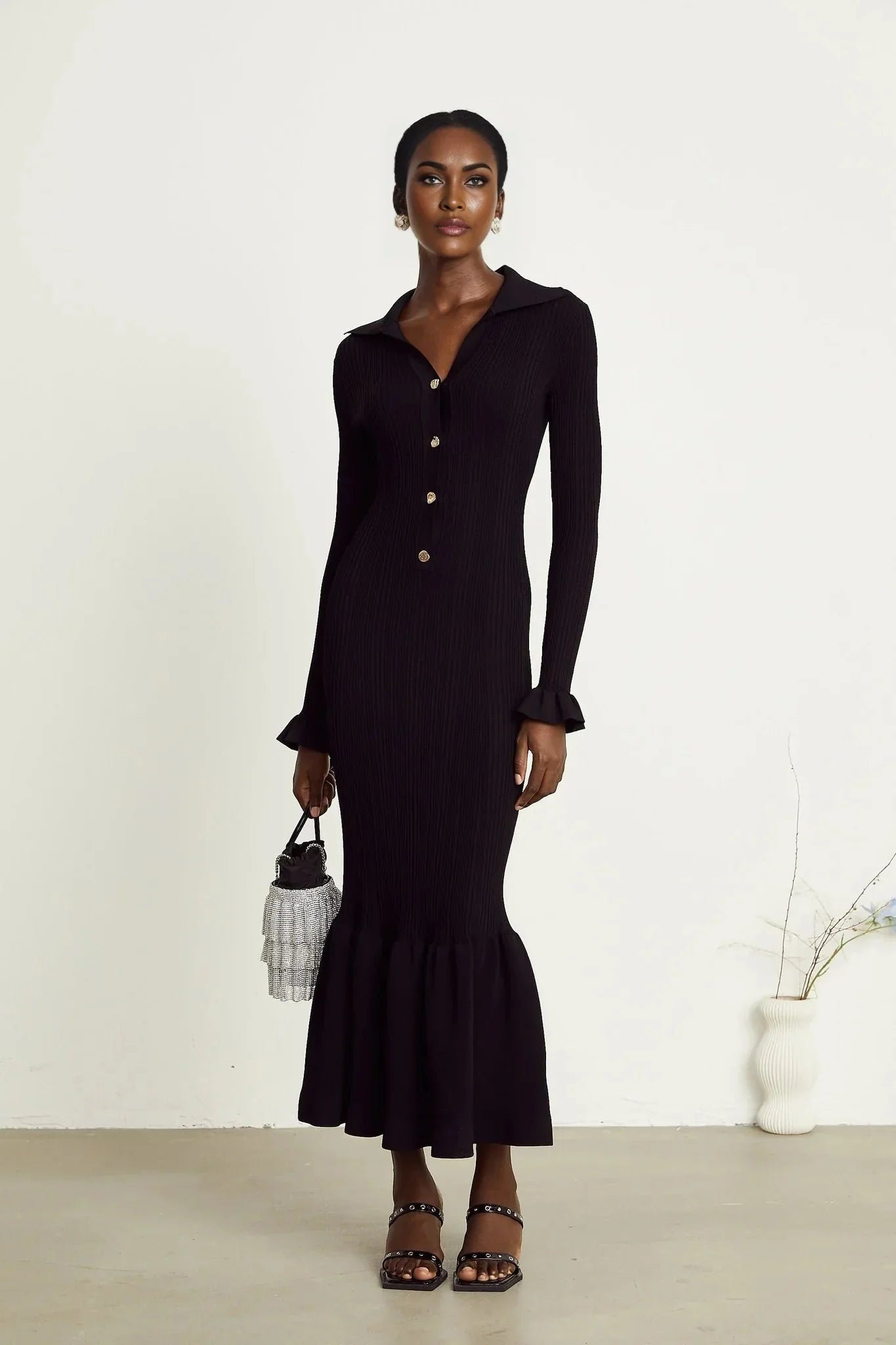 Amelia Midi Dress - Spread Collar - Long Sleeves - Ribbed Knit - Ruffle Details