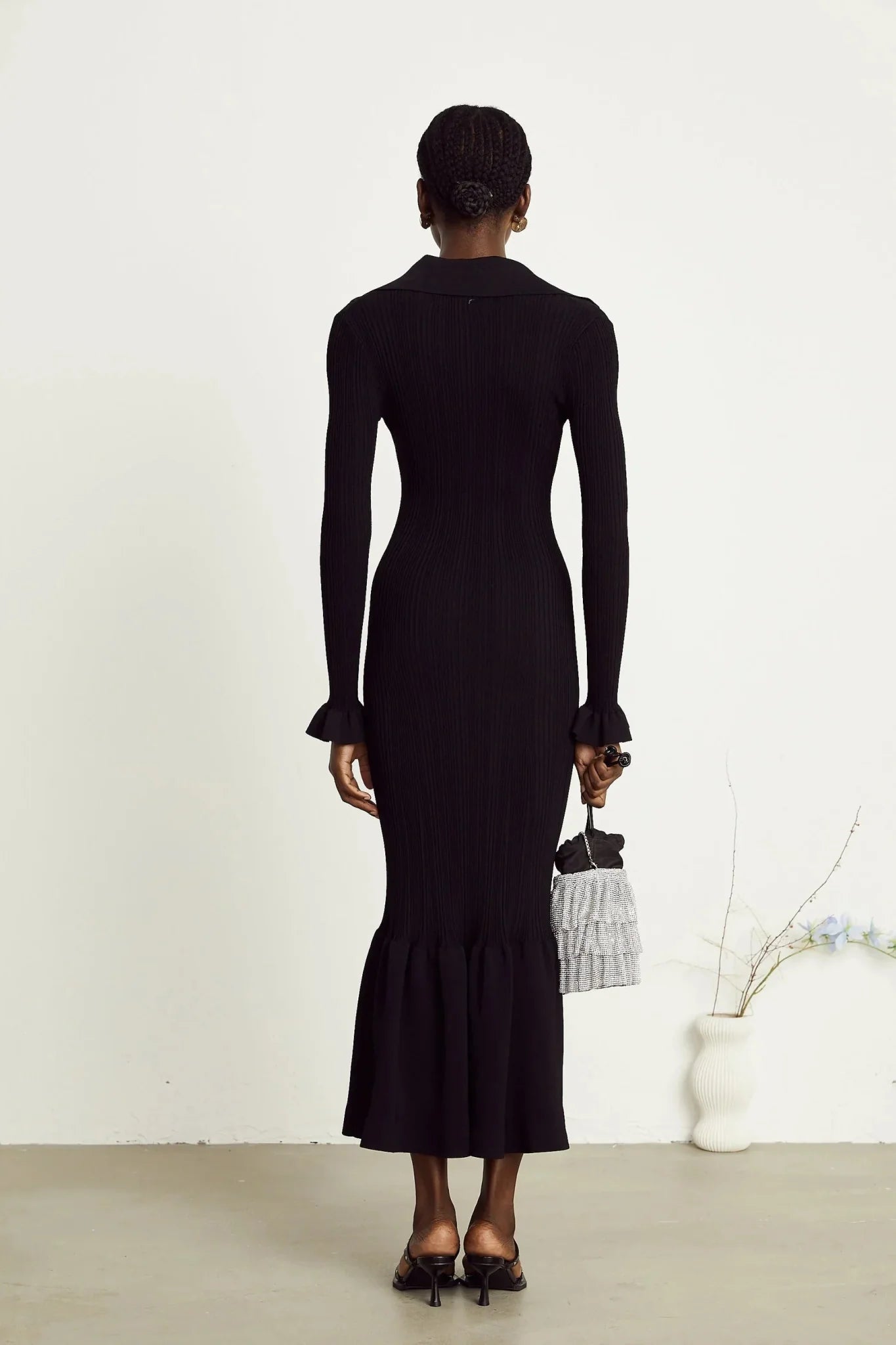 Amelia Midi Dress - Spread Collar - Long Sleeves - Ribbed Knit - Ruffle Details