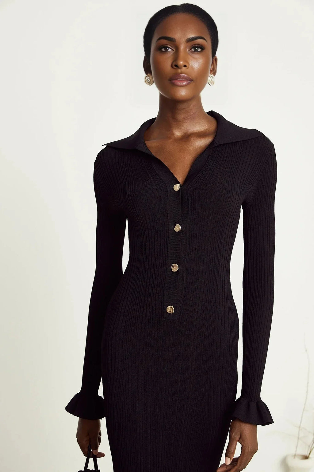 Amelia Midi Dress - Spread Collar - Long Sleeves - Ribbed Knit - Ruffle Details