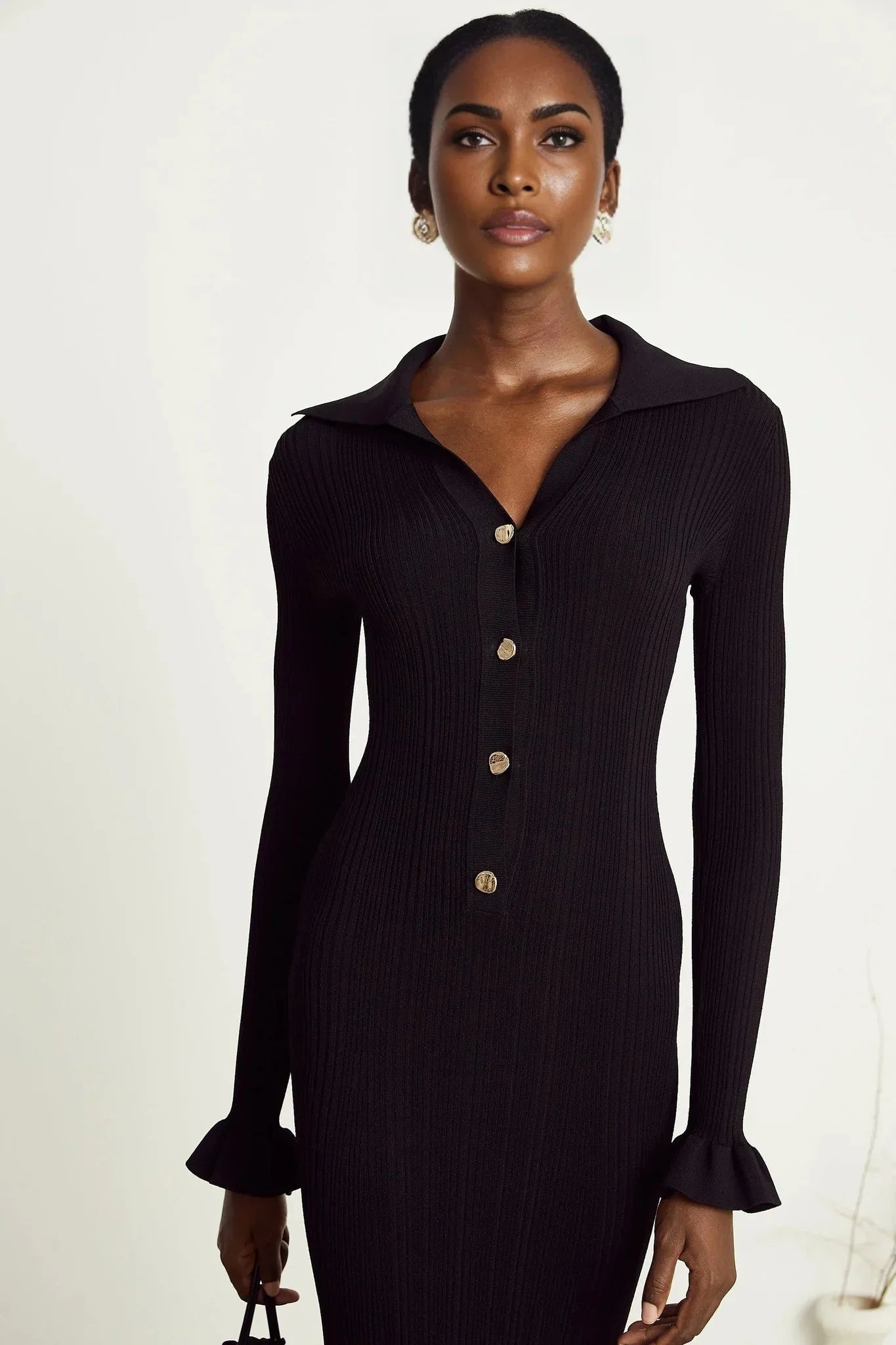 Amelia Midi Dress - Spread Collar - Long Sleeves - Ribbed Knit - Ruffle Details