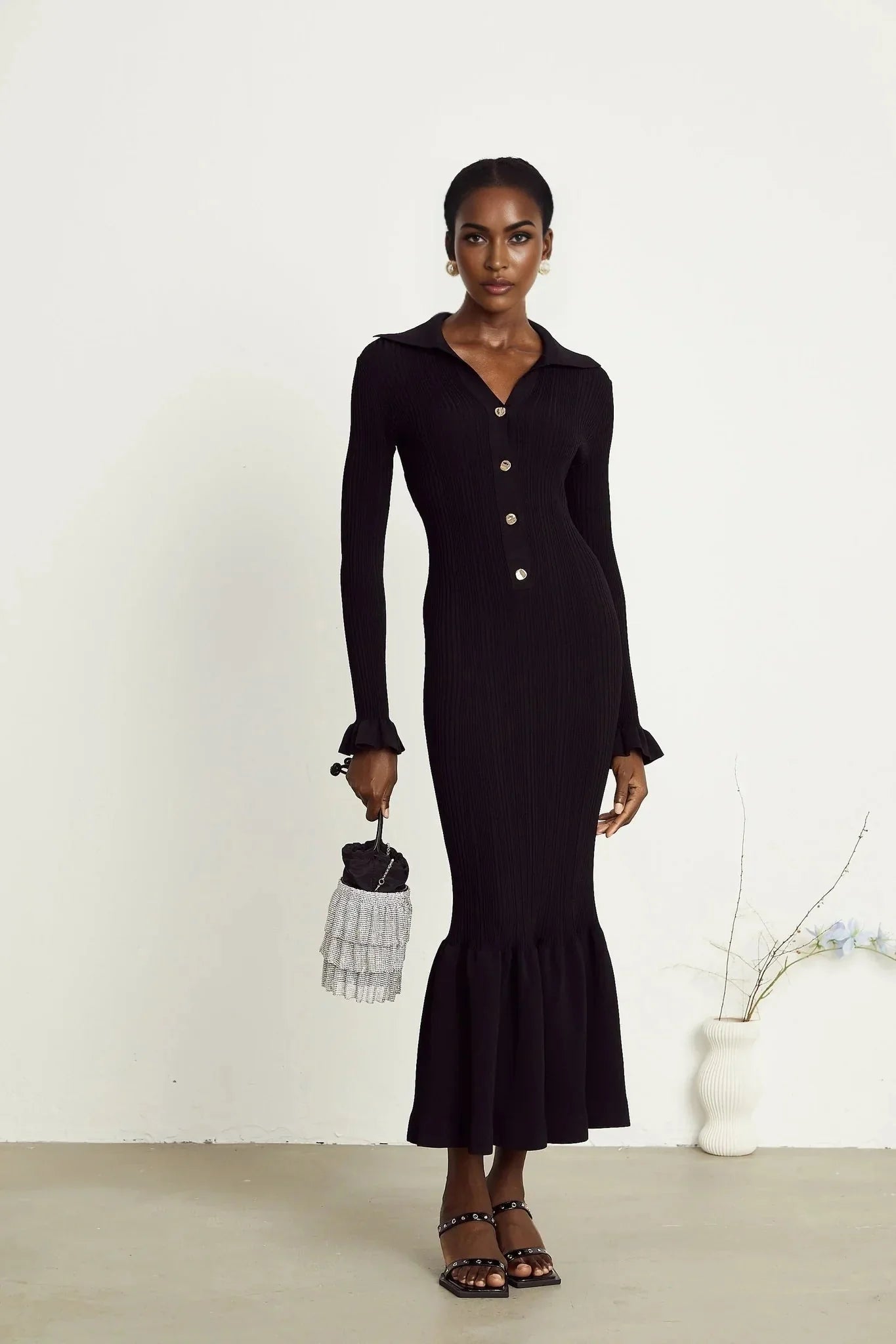 Amelia Midi Dress - Spread Collar - Long Sleeves - Ribbed Knit - Ruffle Details