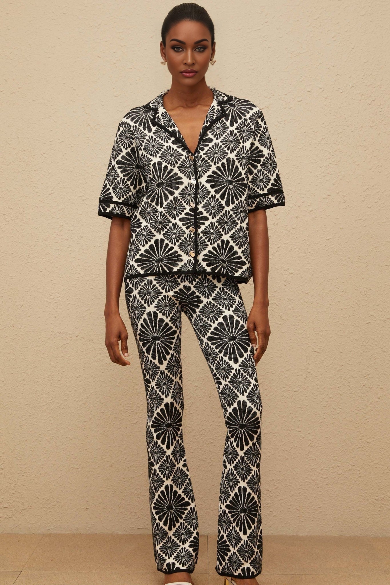 Amelia Shirt & Trousers Set - Notched Lapels - Patterned Jacquard - Knitted Construction - Front Button Fastening - Maxi Length