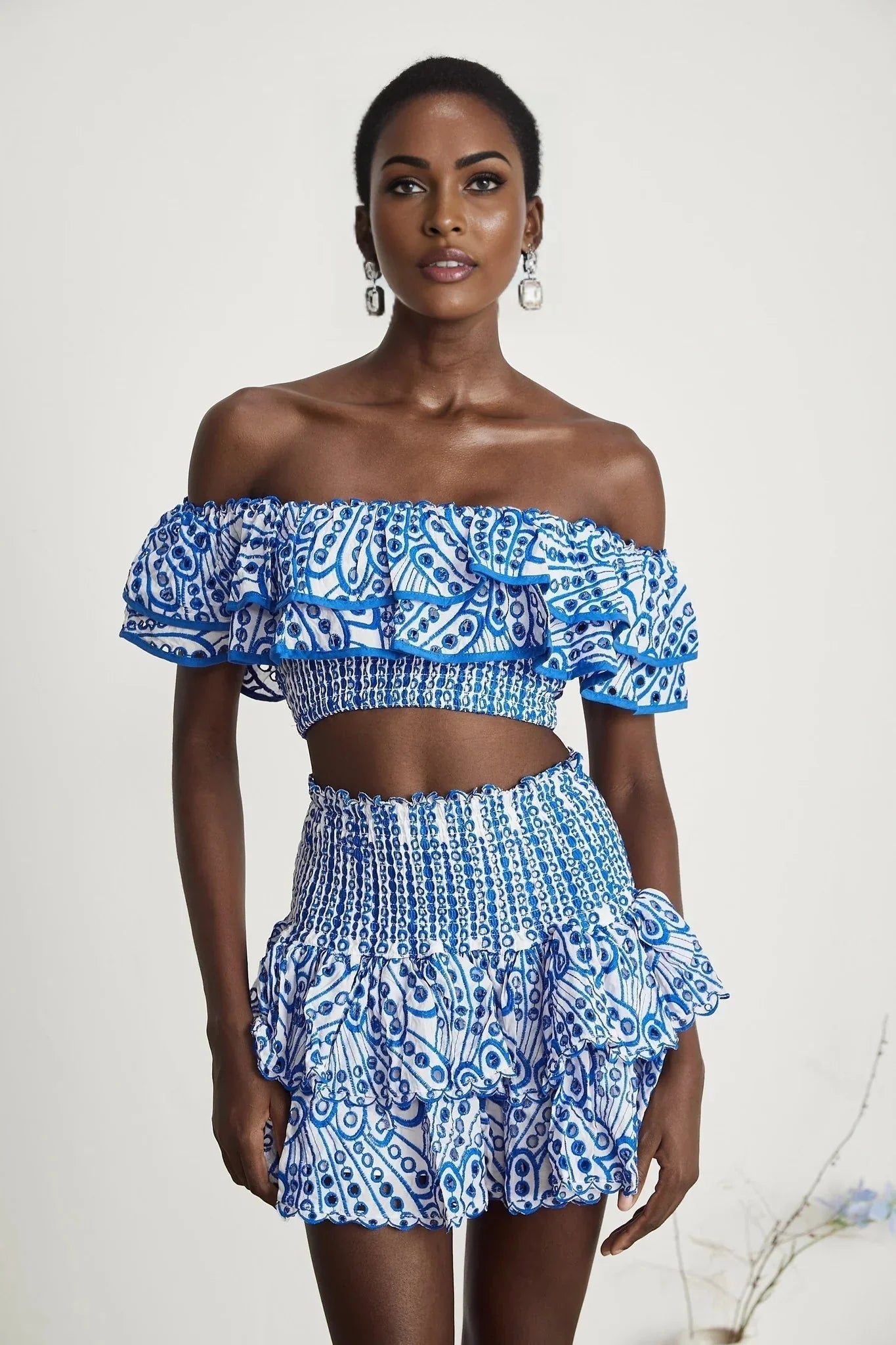 Amelia Top & Skirt Set - Off The Shoulder - Ruffled Detailing - Stretch Jersey - Tiered Design - Pattern Print