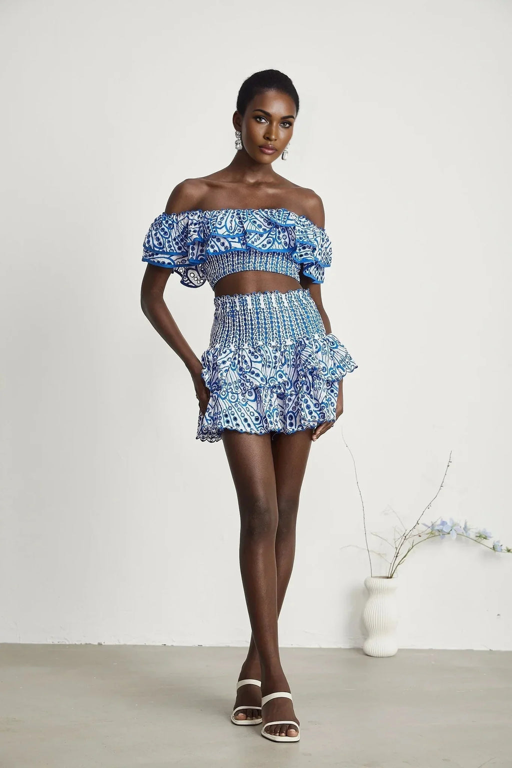 Amelia Top & Skirt Set - Off The Shoulder - Ruffled Detailing - Stretch Jersey - Tiered Design - Pattern Print