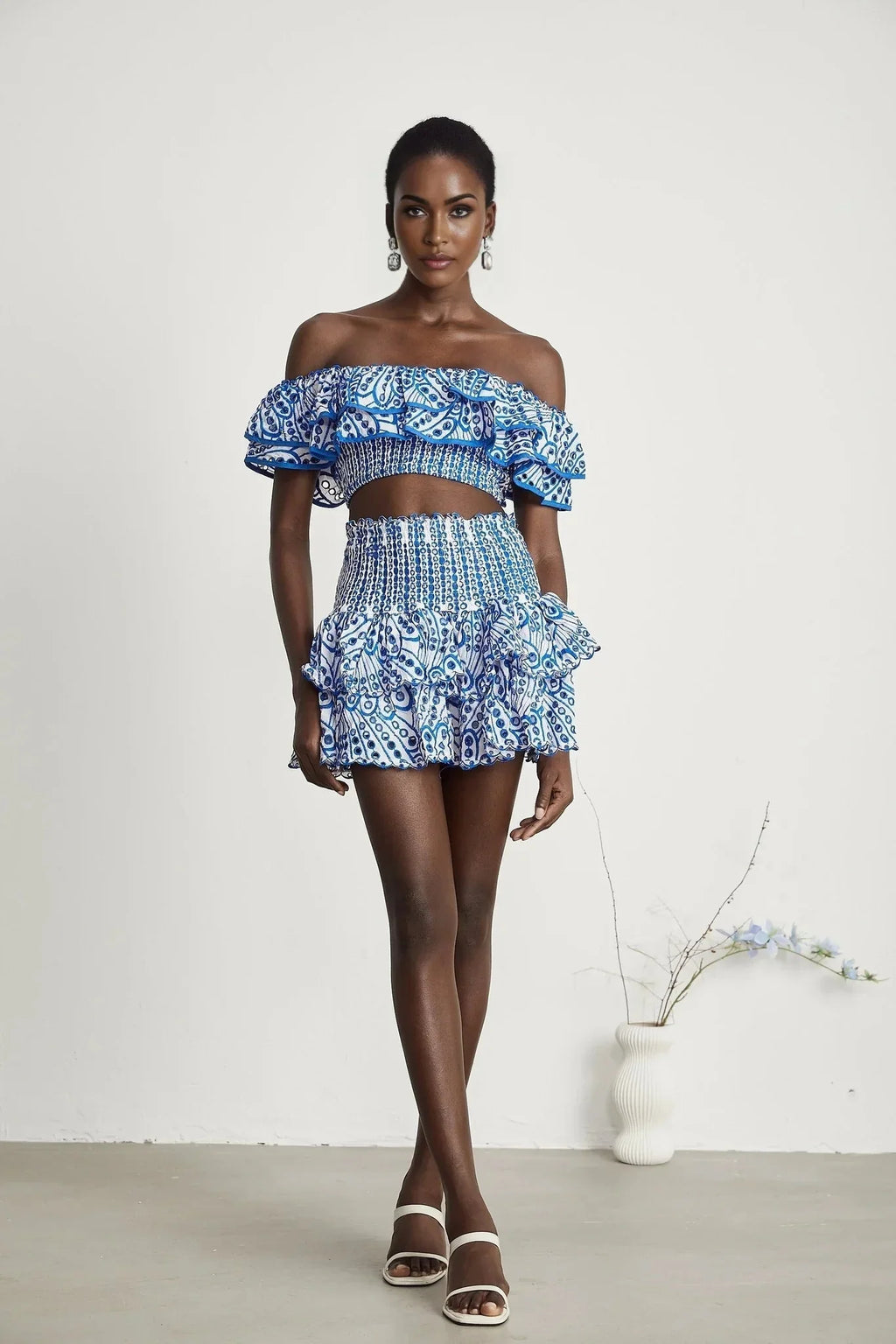 Amelia Top & Skirt Set - Off The Shoulder - Ruffled Detailing - Stretch Jersey - Tiered Design - Pattern Print