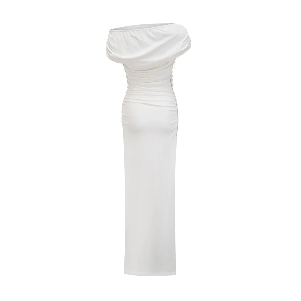 Amelina Maxi Dress - Off - The - Shoulder Design - Side Zip Fastening - Pleat Detailing - Side Slit Feature