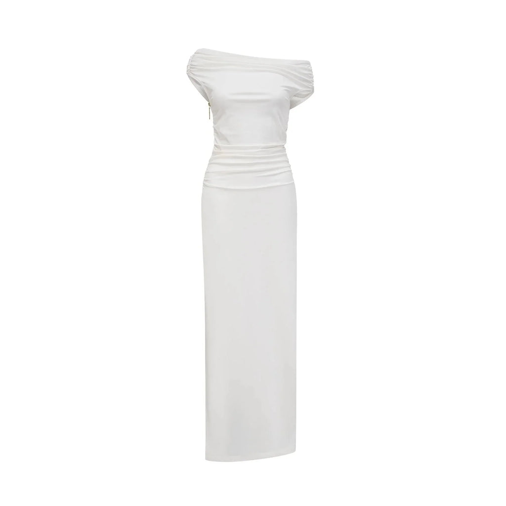 Amelina Maxi Dress - Off - The - Shoulder Design - Side Zip Fastening - Pleat Detailing - Side Slit Feature