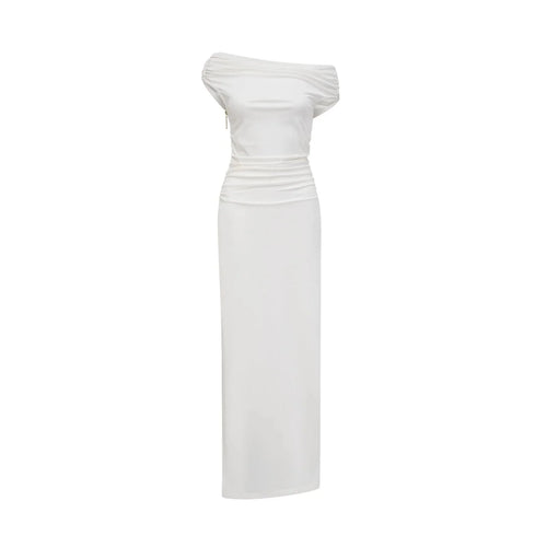 Amelina Maxi Dress - Off - The - Shoulder Design - Side Zip Fastening - Pleat Detailing - Side Slit Feature