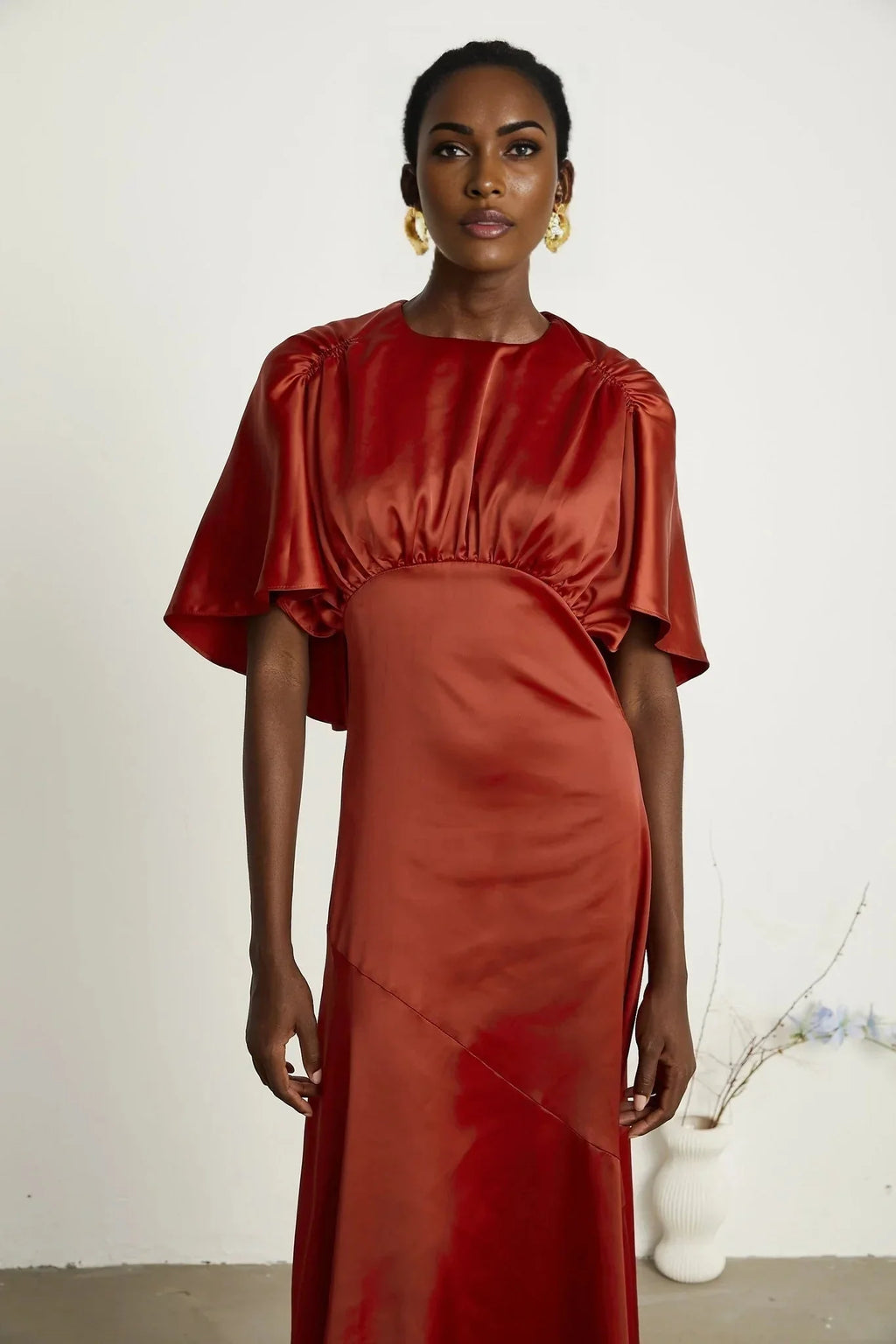 Amelina Maxi Dress - Satin Finish - Cape Sleeves - Asymmetric Hemline - Open Back Design