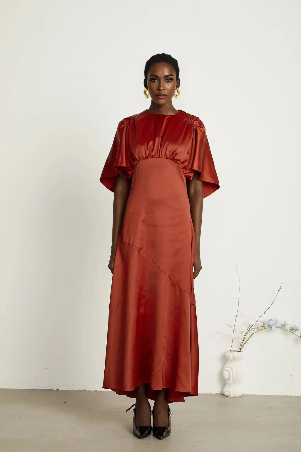 Amelina Maxi Dress - Satin Finish - Cape Sleeves - Asymmetric Hemline - Open Back Design