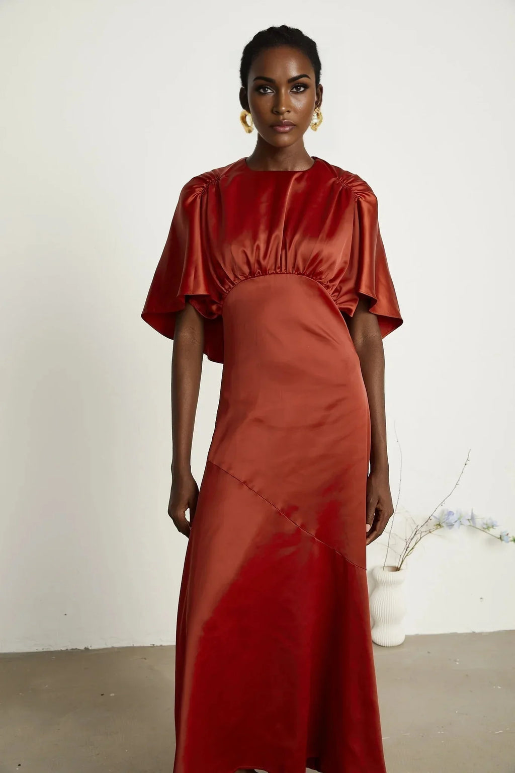 Amelina Maxi Dress - Satin Finish - Cape Sleeves - Asymmetric Hemline - Open Back Design