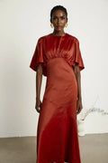 Amelina Maxi Dress - Satin Finish - Cape Sleeves - Asymmetric Hemline - Open Back Design