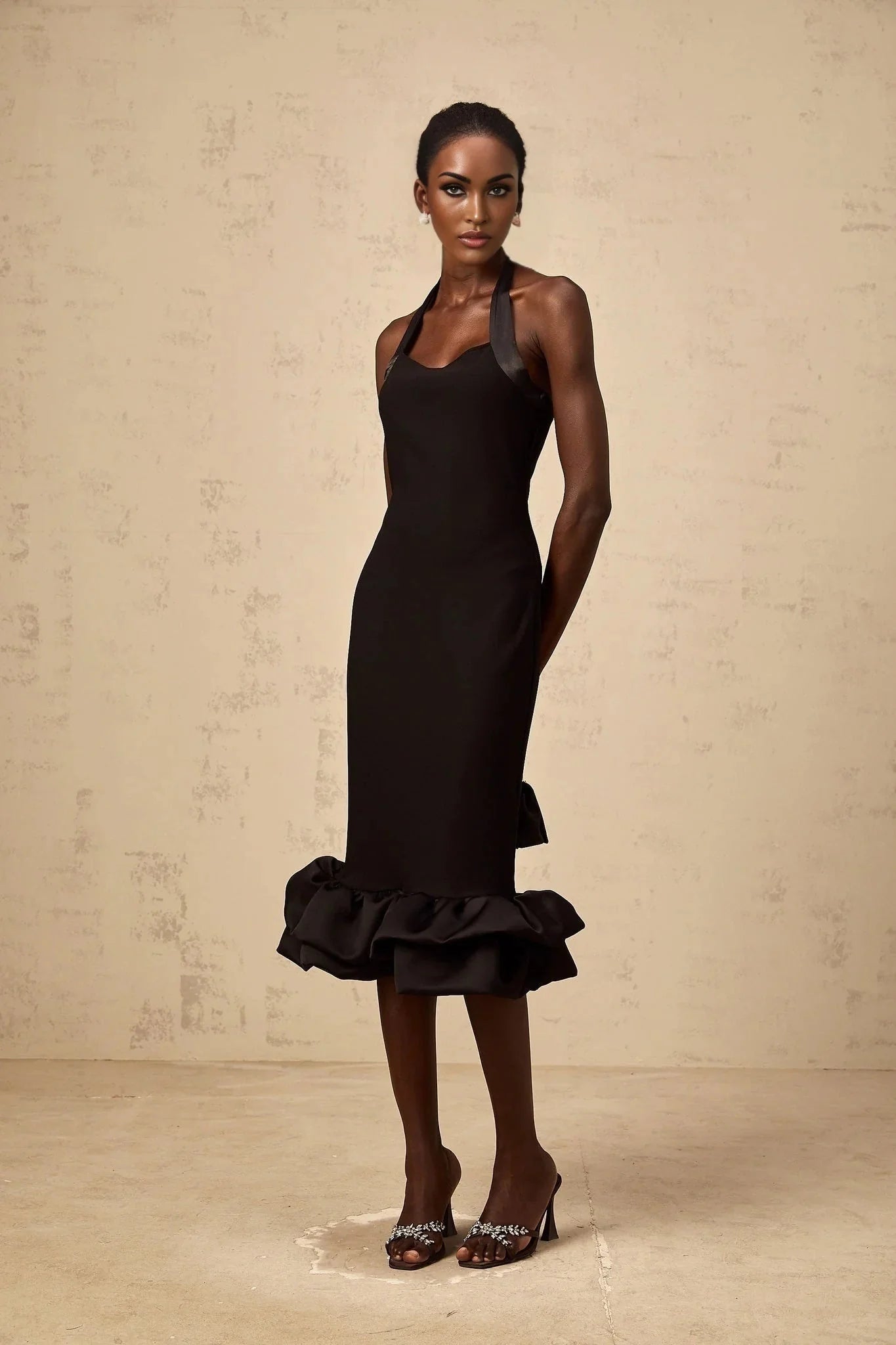 Amelina Midi Dress Black Halter - neck Bubble - Hem