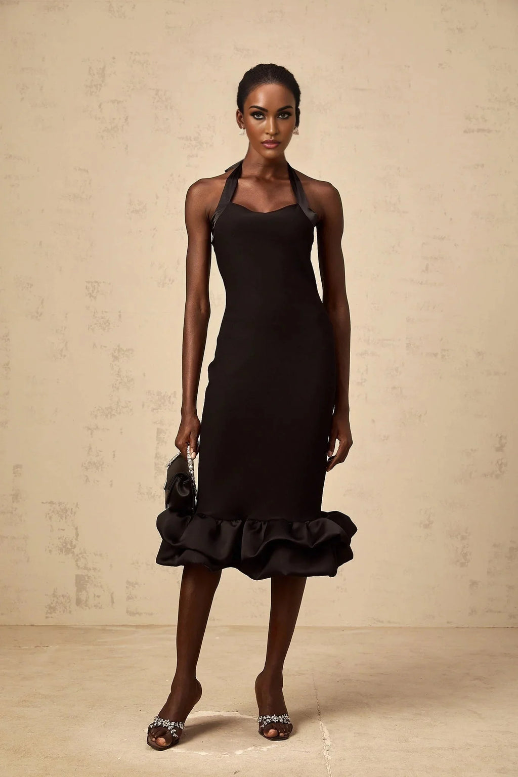 Amelina Midi Dress Black Halter - neck Bubble - Hem