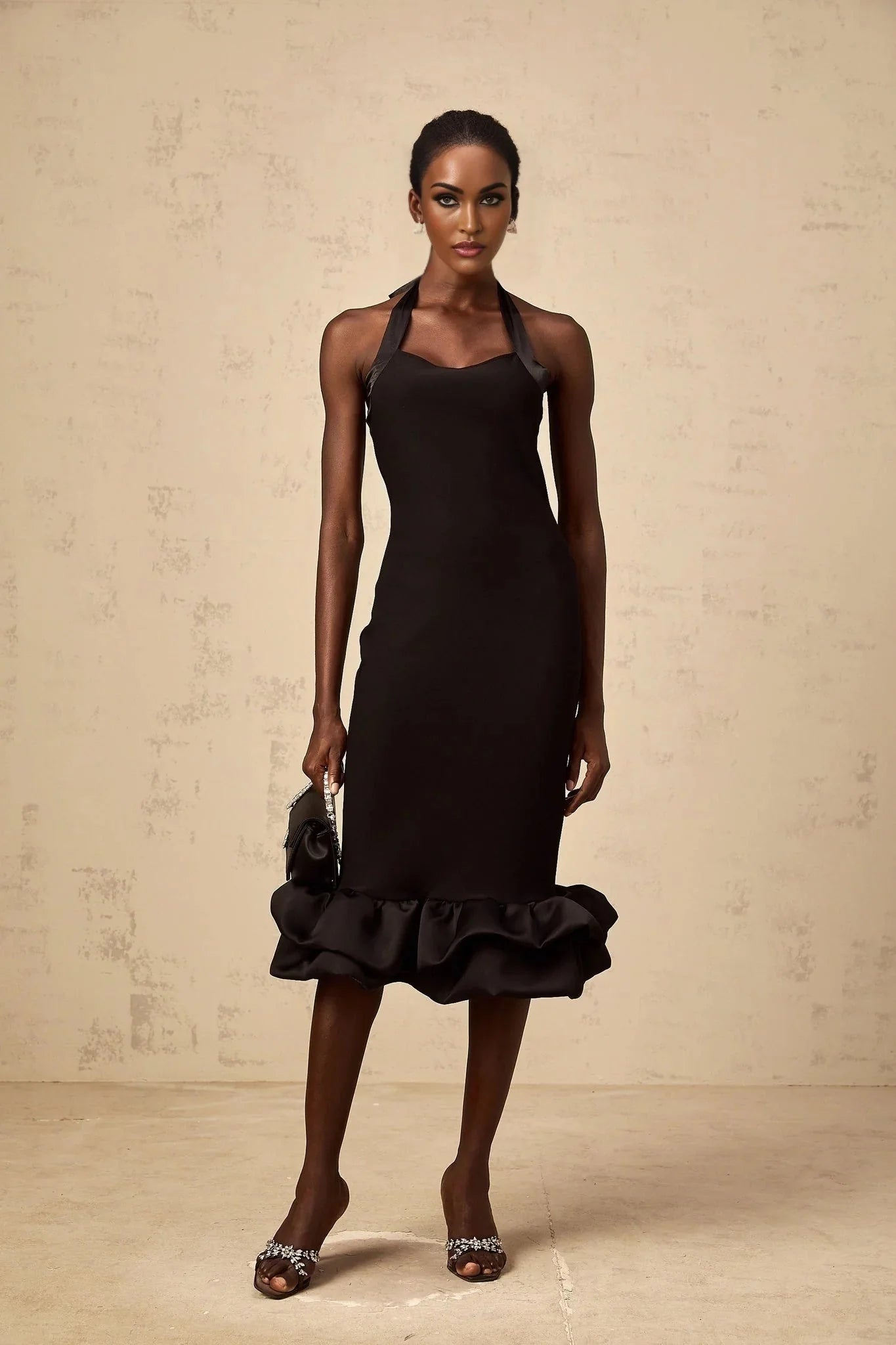 Amelina Midi Dress Black Halter - neck Bubble - Hem