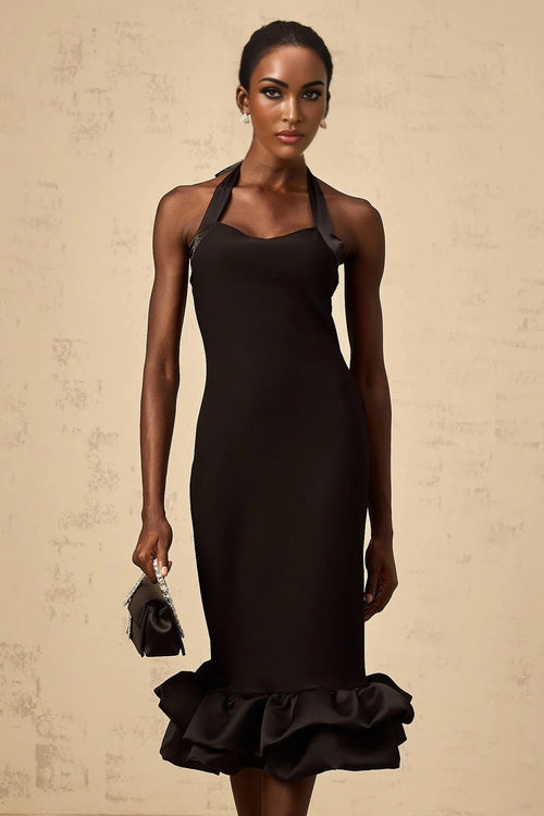 Amelina Midi Dress Black Halter - neck Bubble - Hem