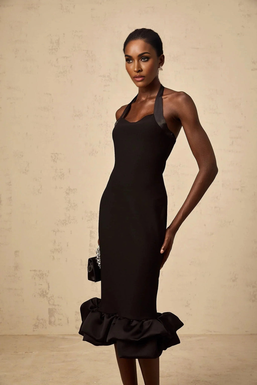 Amelina Midi Dress Black Halter - neck Bubble - Hem