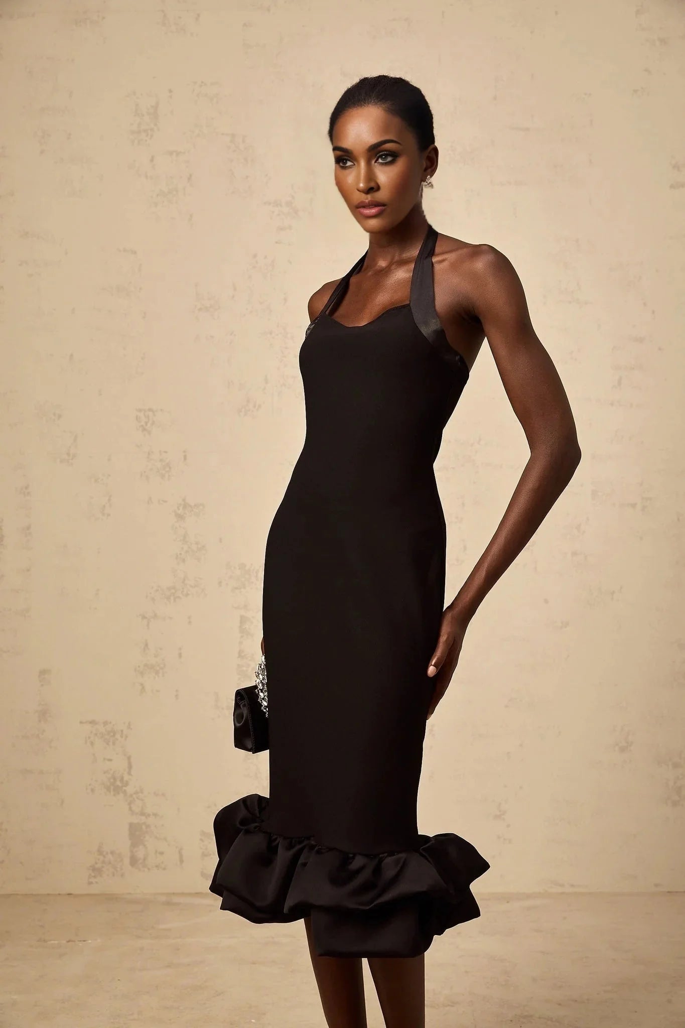 Amelina Midi Dress Black Halter - neck Bubble - Hem