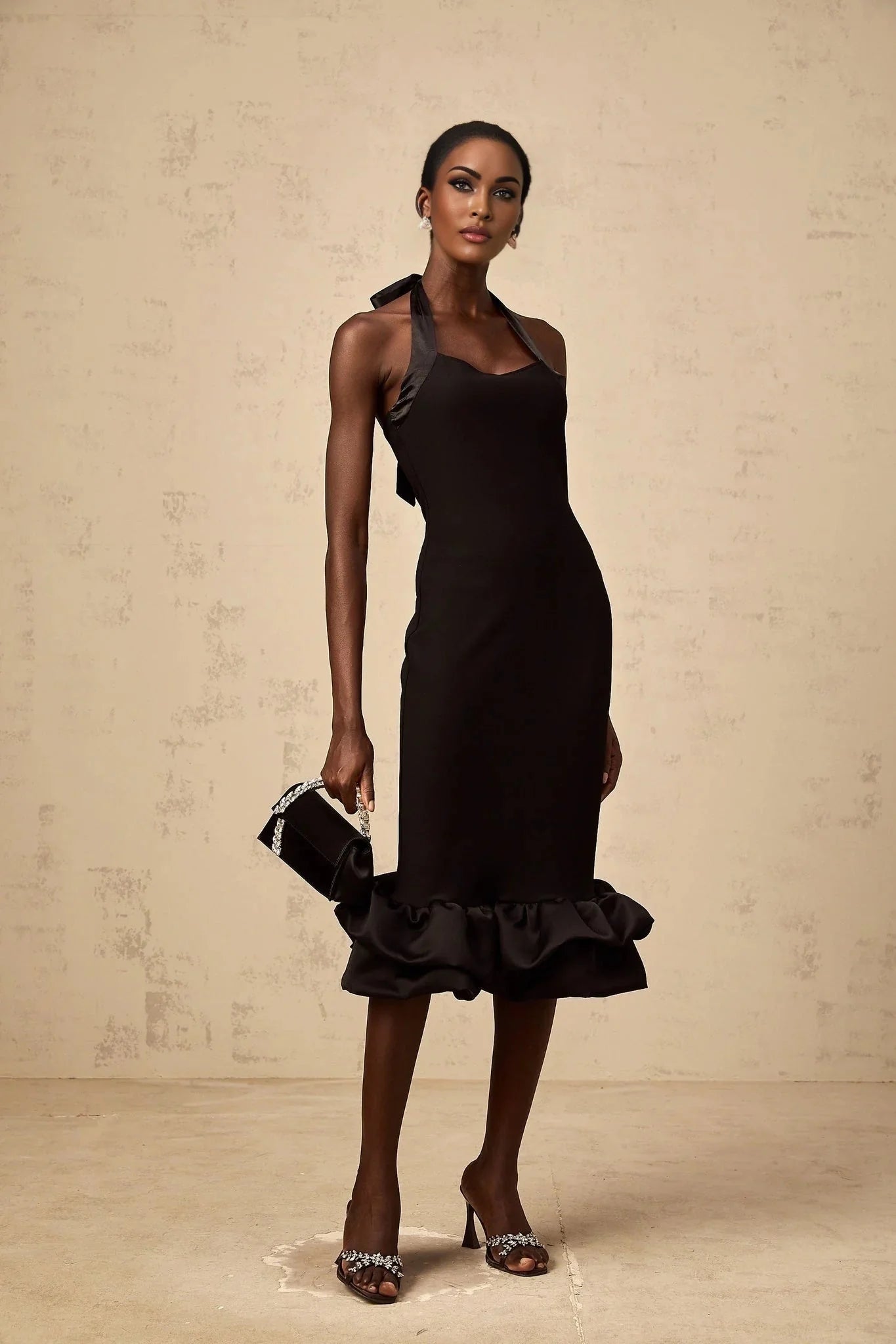 Amelina Midi Dress Black Halter - neck Bubble - Hem