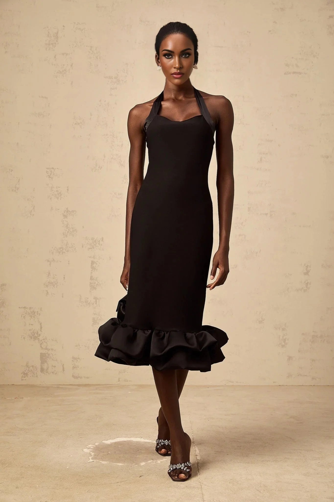 Amelina Midi Dress Black Halter - neck Bubble - Hem