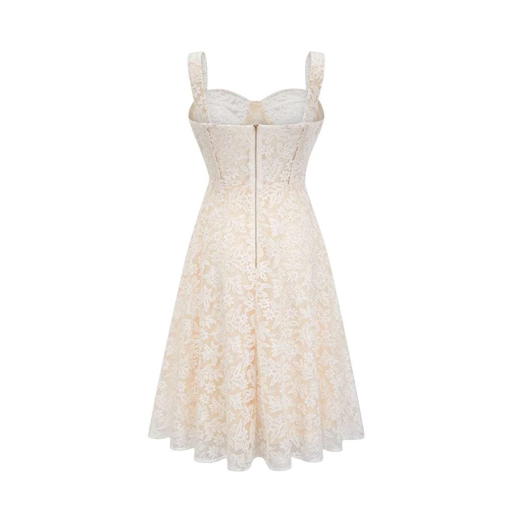 Amelina Midi Dress - Bustier Style - Corset Detailing - Embroidered Design - Spaghetti Straps - Rear Zip Fastening