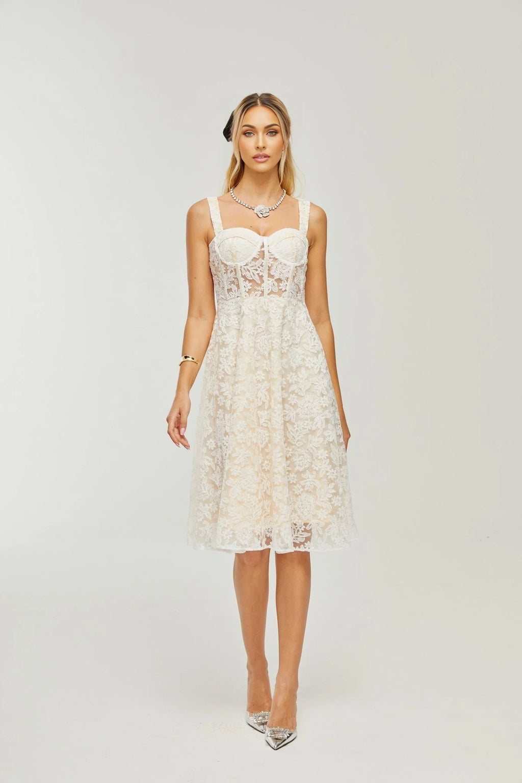 Amelina Midi Dress - Bustier Style - Corset Detailing - Embroidered Design - Spaghetti Straps - Rear Zip Fastening