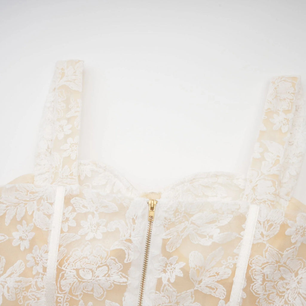 Amelina Midi Dress - Bustier Style - Corset Detailing - Embroidered Design - Spaghetti Straps - Rear Zip Fastening