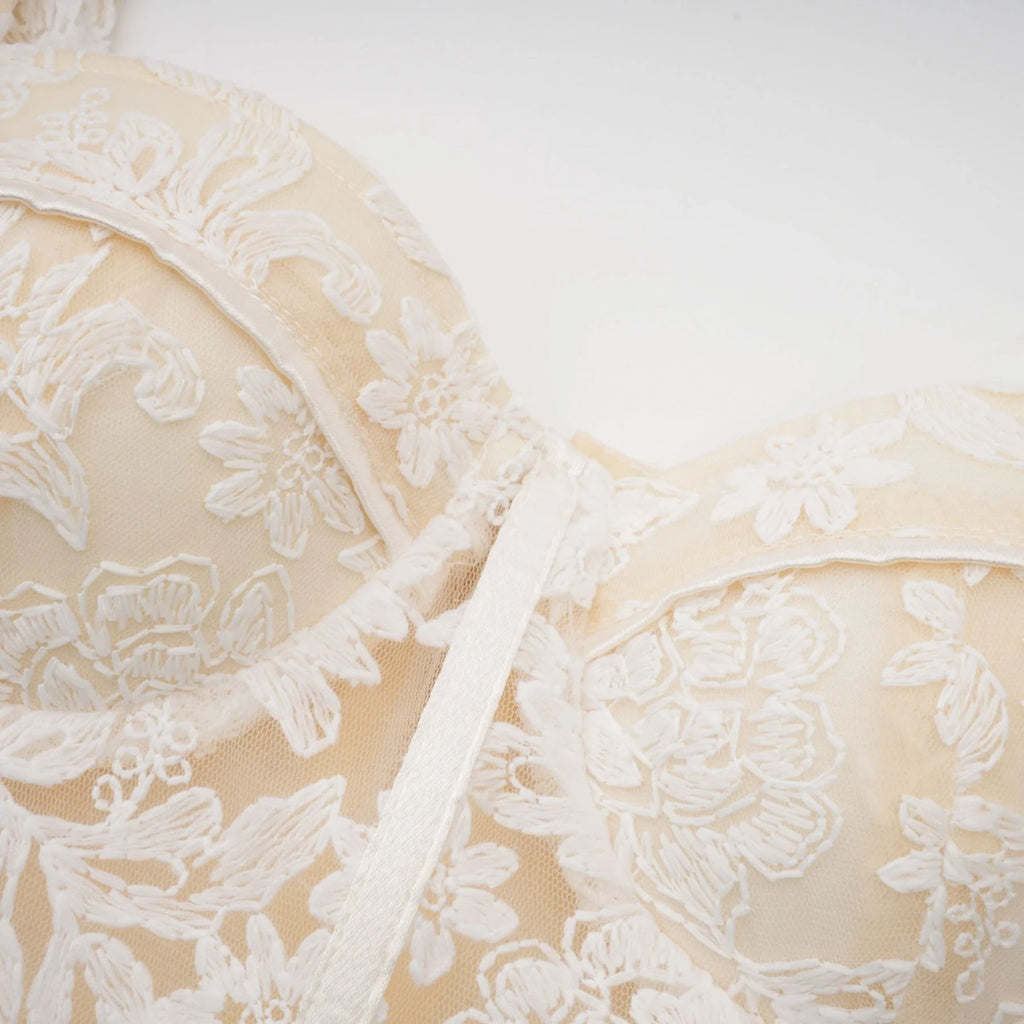 Amelina Midi Dress - Bustier Style - Corset Detailing - Embroidered Design - Spaghetti Straps - Rear Zip Fastening