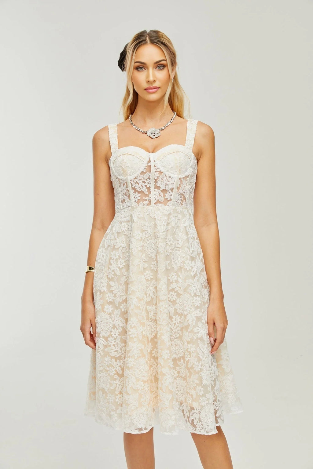 Amelina Midi Dress - Bustier Style - Corset Detailing - Embroidered Design - Spaghetti Straps - Rear Zip Fastening