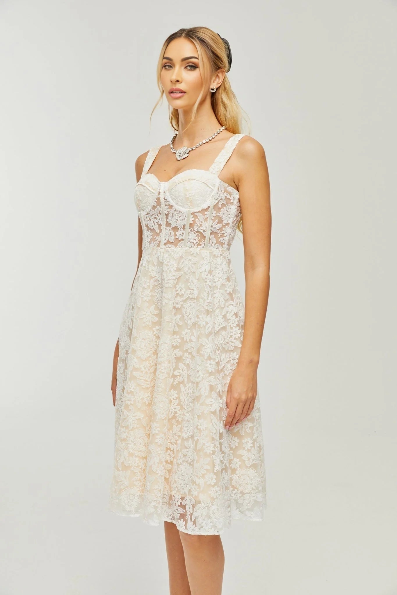 Amelina Midi Dress - Bustier Style - Corset Detailing - Embroidered Design - Spaghetti Straps - Rear Zip Fastening