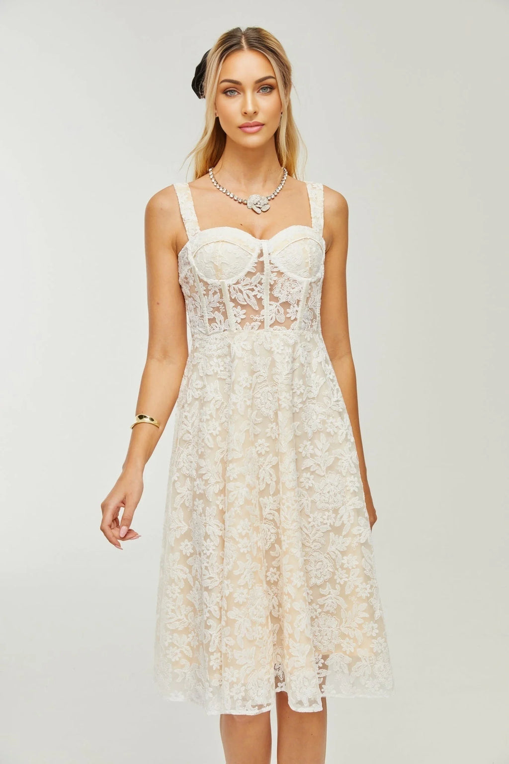 Amelina Midi Dress - Bustier Style - Corset Detailing - Embroidered Design - Spaghetti Straps - Rear Zip Fastening