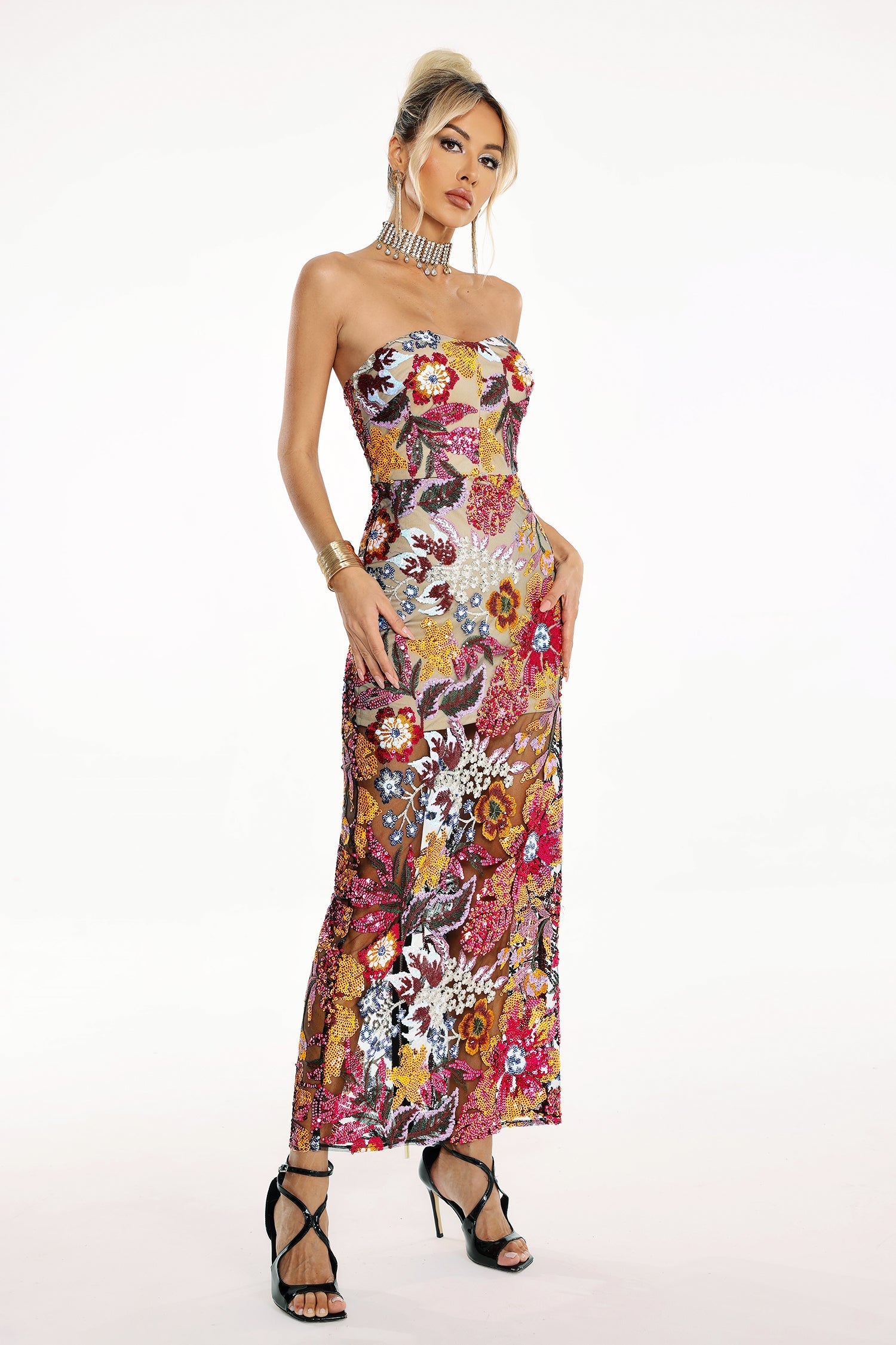 Amy Multicolor Floral Glitter Maxi Dress Strapless Sequin Embellished Vibrant Patterns Fitted Bodice Flowing Silhouette Evening Events Summer Weddings Chic Sophisticated Vibe